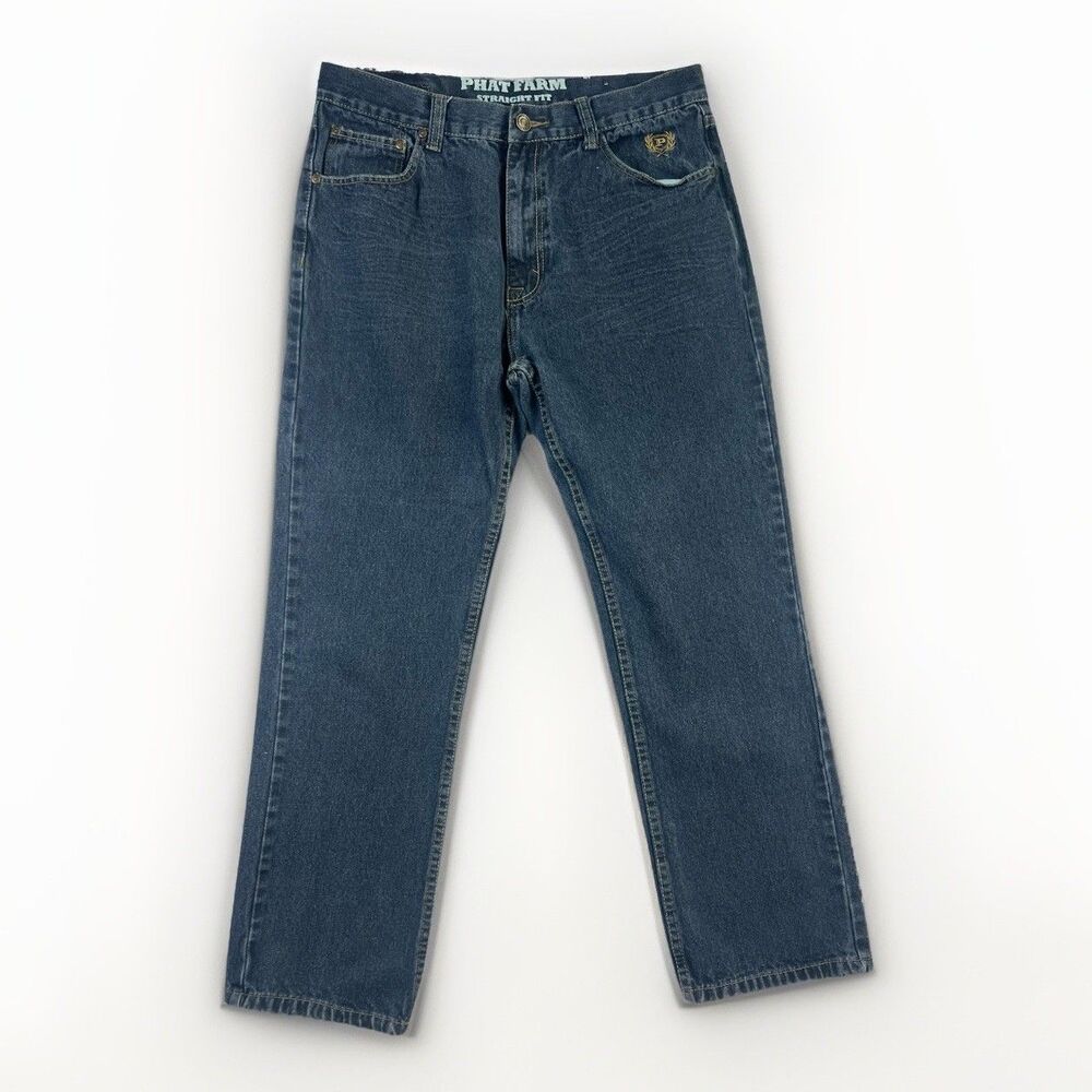 Phat Farm Classic Straight Fit Jeans 38x32 Y2K Embroidered Back Pockets